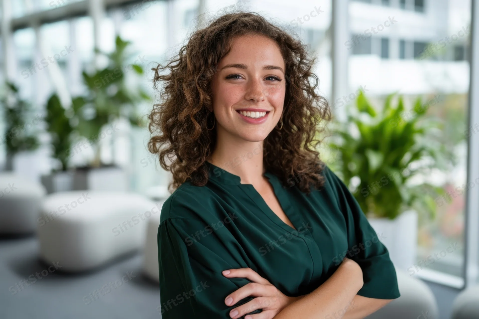 Smiling woman with curly brown hair in dark green blouse standing in modern office with arms crossed