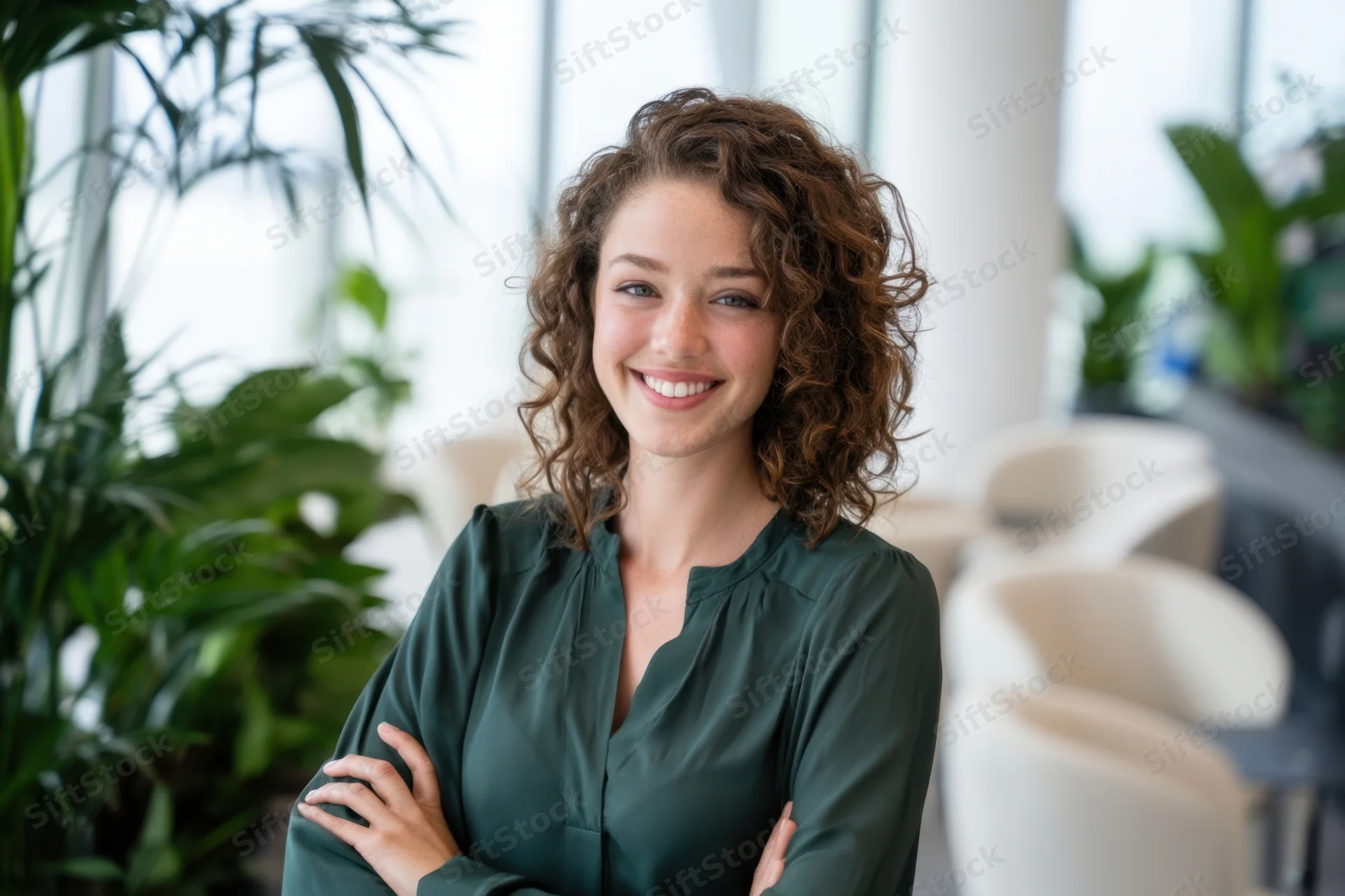 Smiling woman with curly brown hair in dark green blouse standing in modern office with arms crossed near plants and chairs