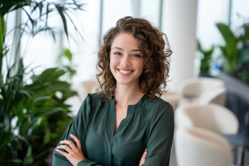 Smiling woman with curly brown hair in dark green blouse standing in modern office with arms crossed near plants and chairs