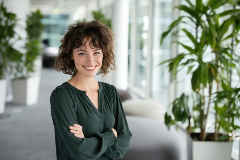 Smiling woman with arms crossed in modern office interior