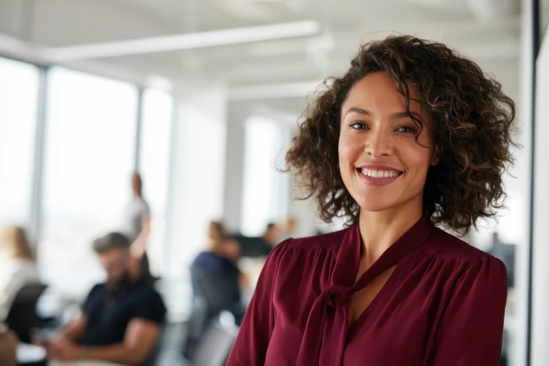 Smiling woman in burgundy blouse standing in modern office with colleagues working in background