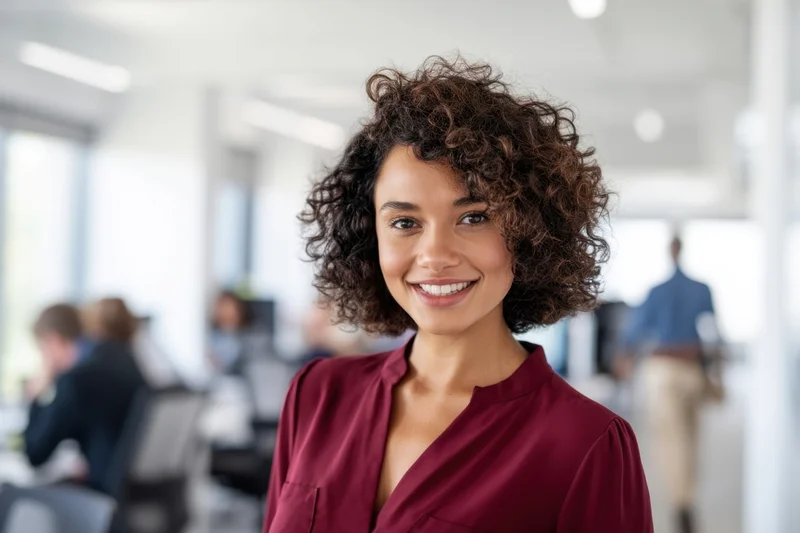Smiling woman in burgundy blouse standing in modern office environment