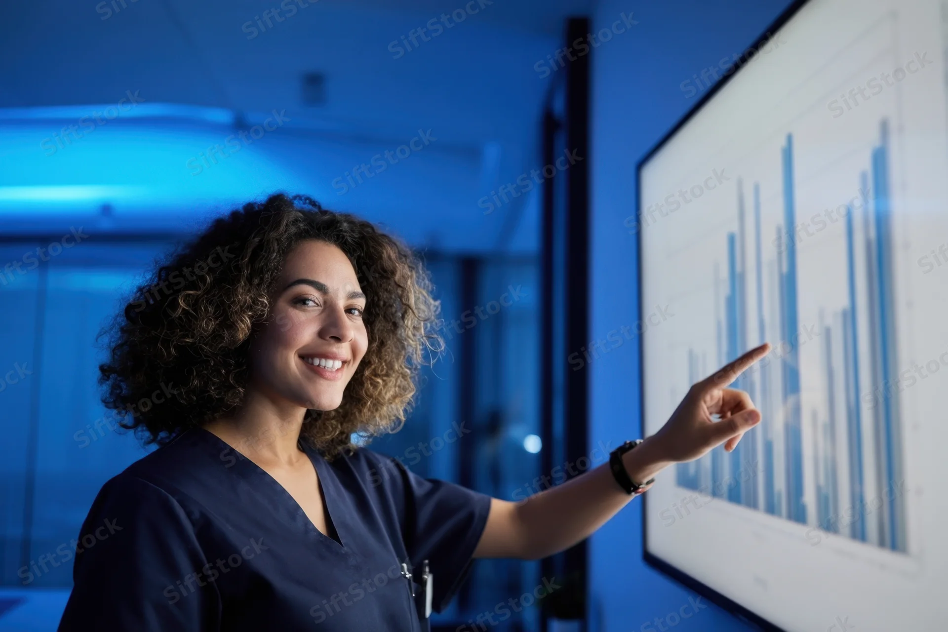 Woman in dark scrubs pointing at a bar graph on a digital screen in an office setting
