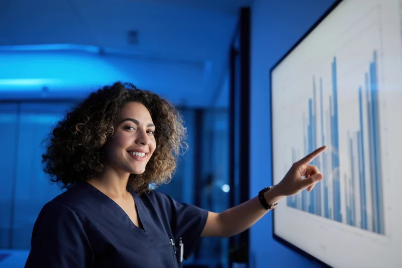 Woman in dark scrubs pointing at a bar graph on a digital screen in an office setting