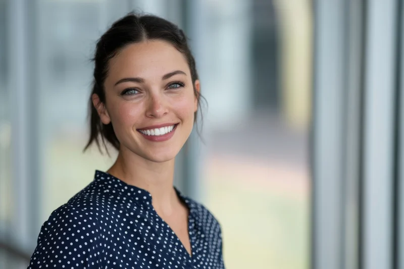 Smiling woman in navy polka dot blouse standing in office interior near glass window