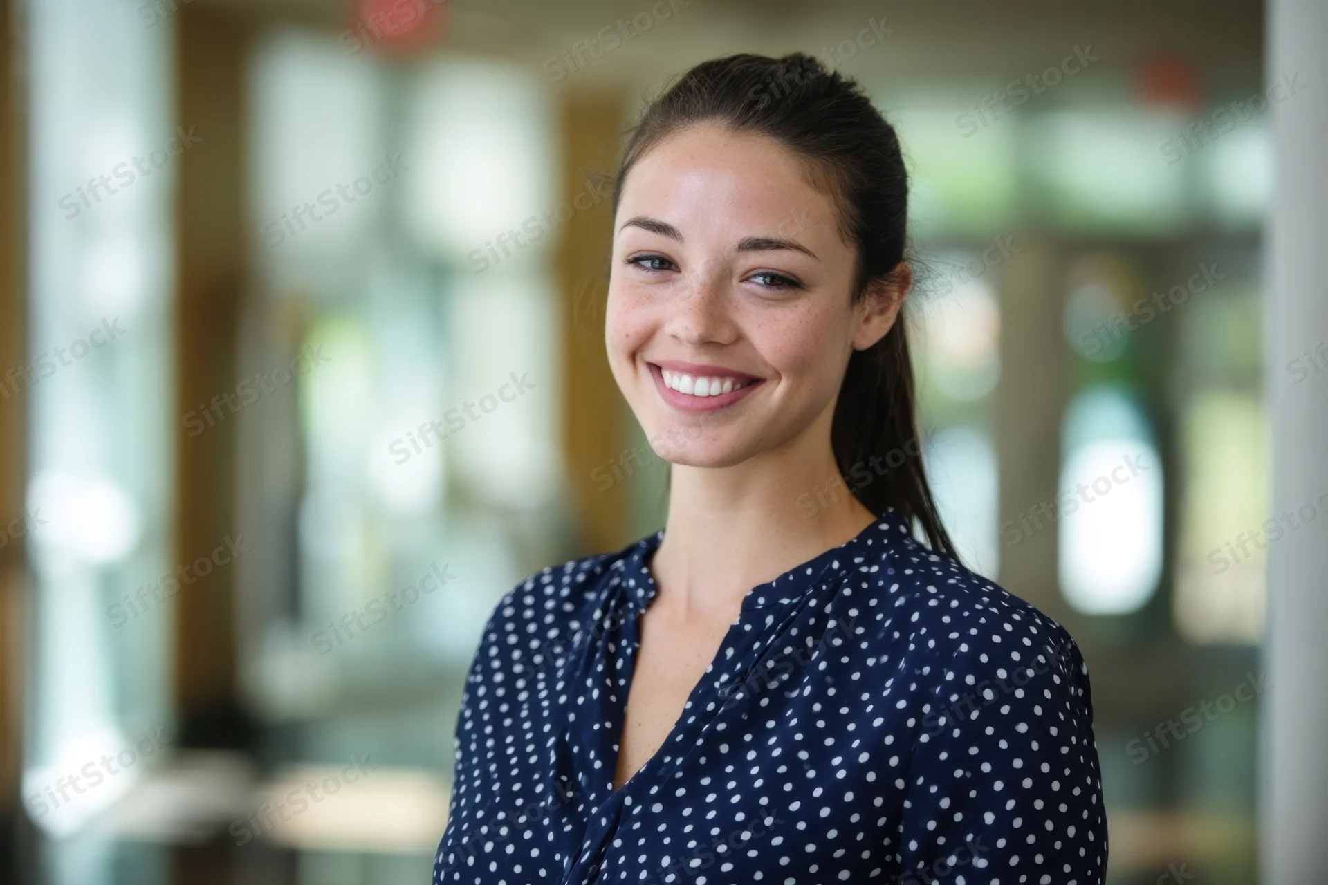 Smiling woman in navy polka dot blouse standing in modern office interior