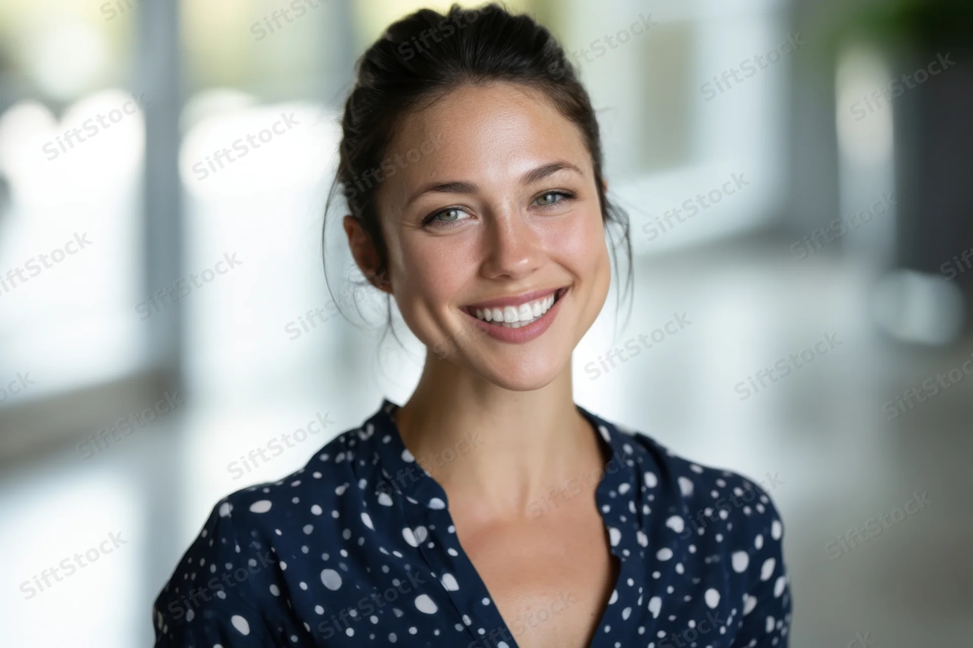 Smiling woman in navy polka dot blouse in office interior