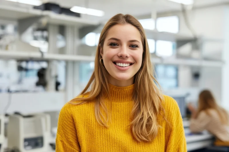 Smiling woman in yellow sweater standing in a laboratory workspace