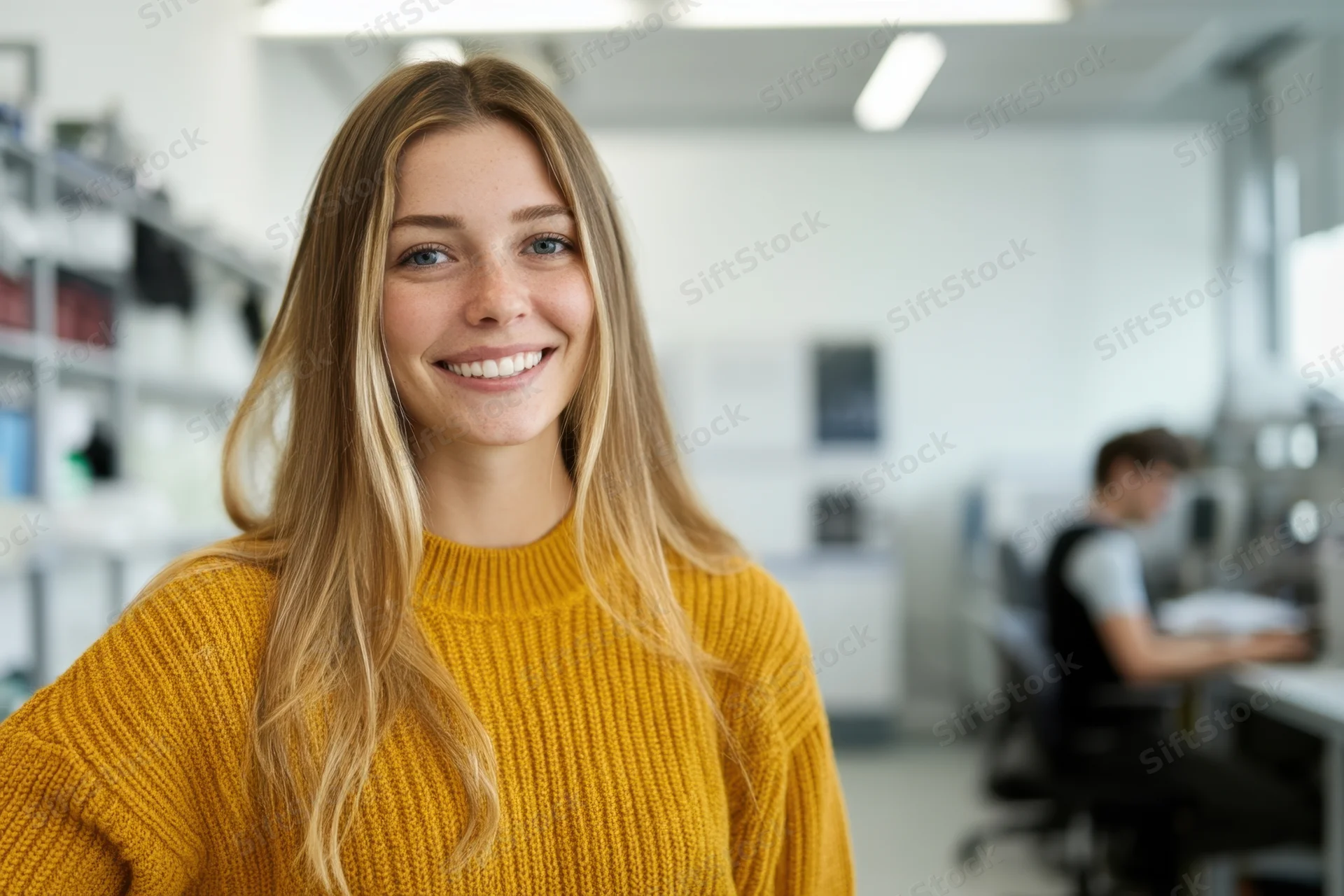 Smiling woman in mustard yellow sweater standing in modern office with colleague working at desk in background