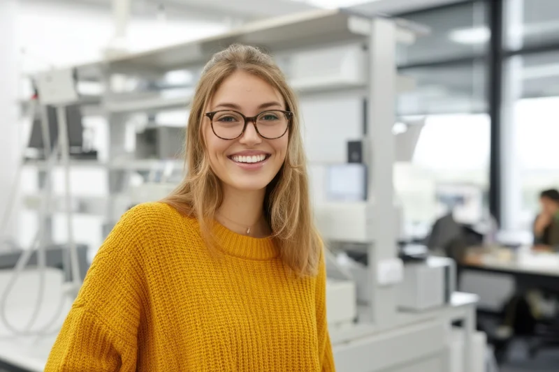Smiling woman in yellow sweater standing in a modern laboratory with scientific equipment in the background