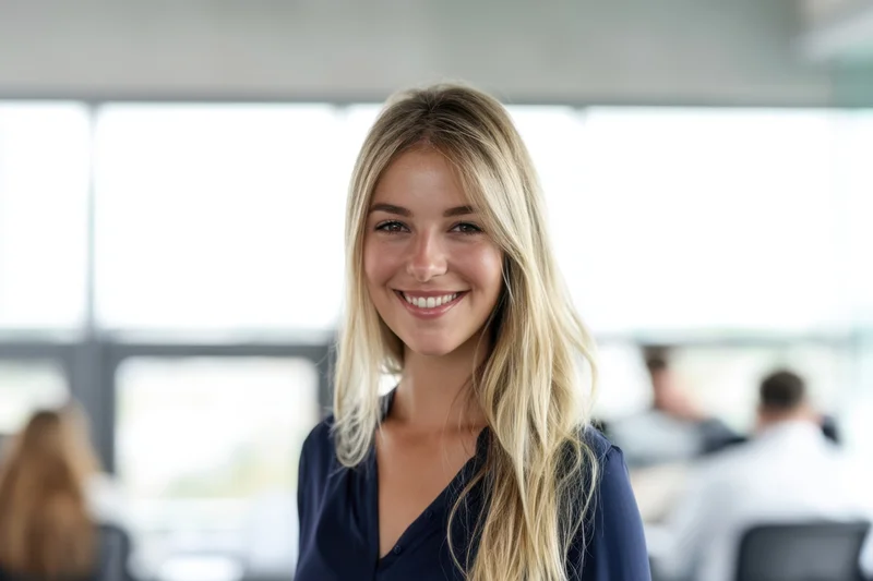 Smiling blonde woman in dark blue blouse standing in office with colleagues in background