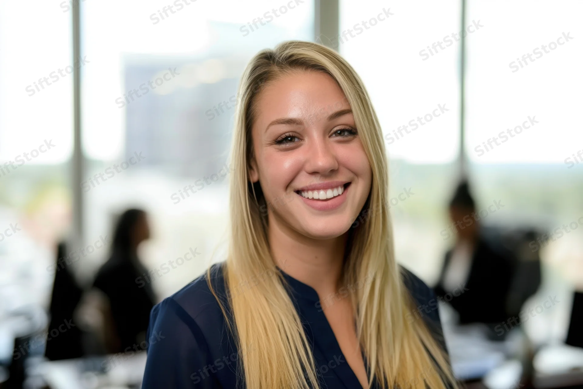 Smiling blonde woman in dark blue blouse in office setting