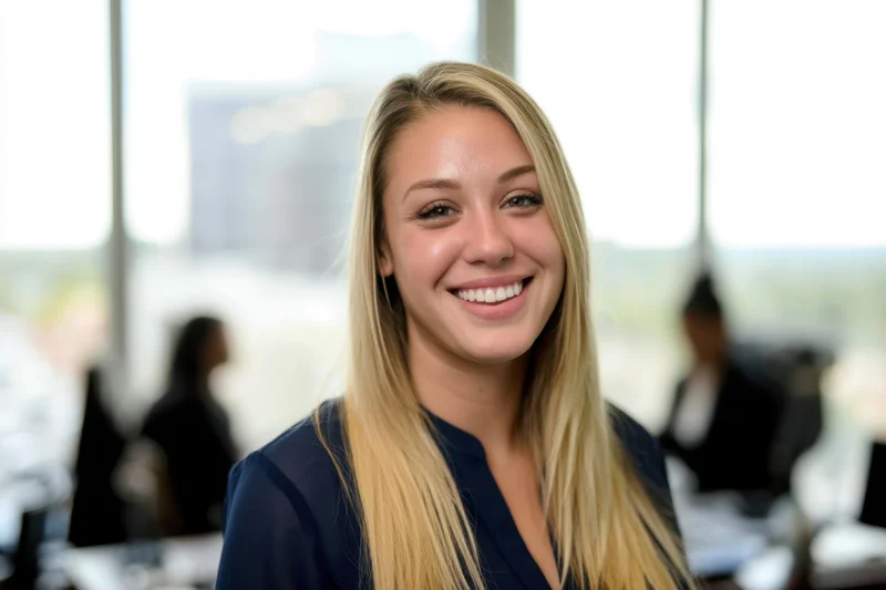 Smiling blonde woman in dark blue blouse in office setting