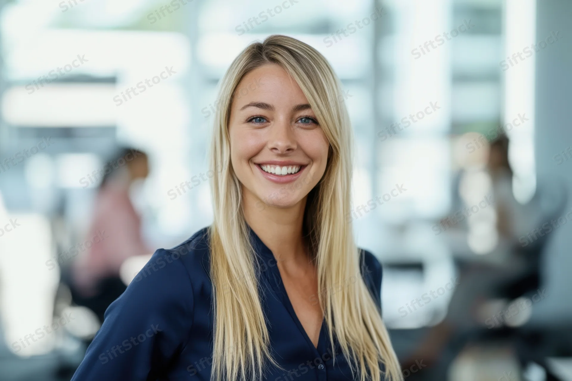 Smiling blonde woman in dark blue blouse standing in modern office interior