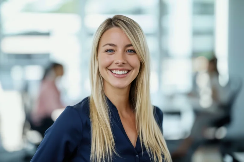 Smiling blonde woman in dark blue blouse standing in modern office interior