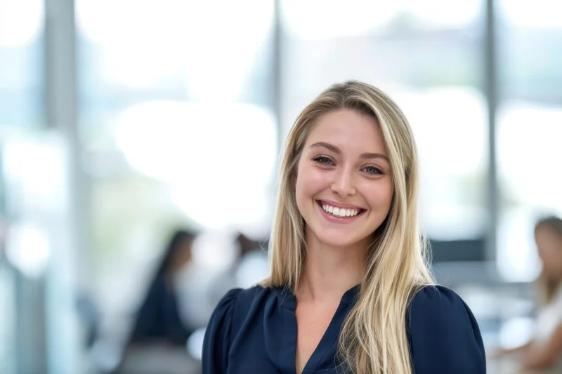 Smiling blonde woman in dark blue blouse standing in modern office interior