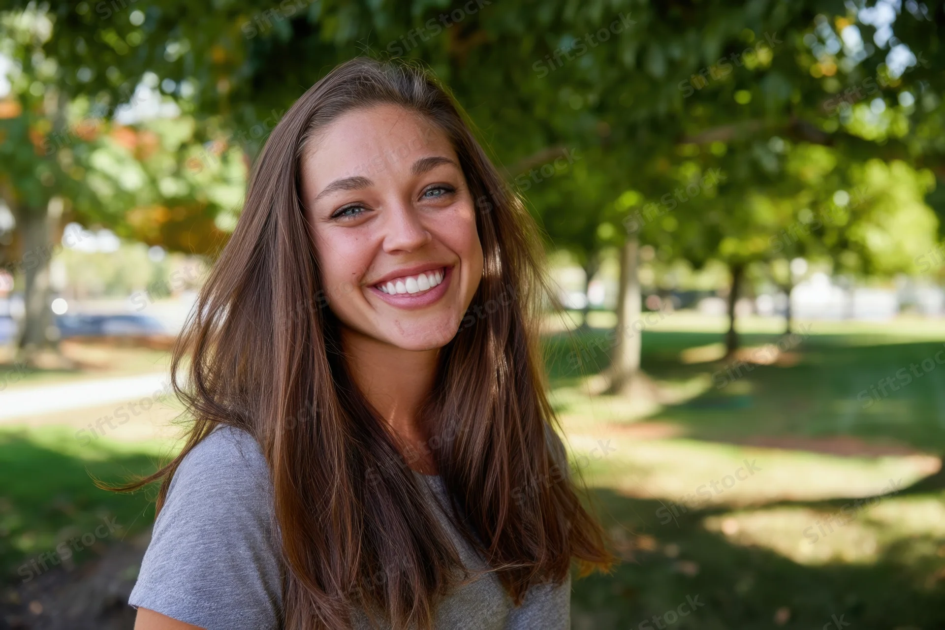 Smiling woman with long brown hair in a gray t-shirt outdoors in a park