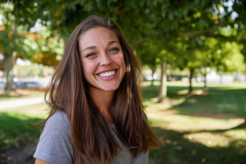 Smiling woman enjoying a sunny day outdoors in a lush green park