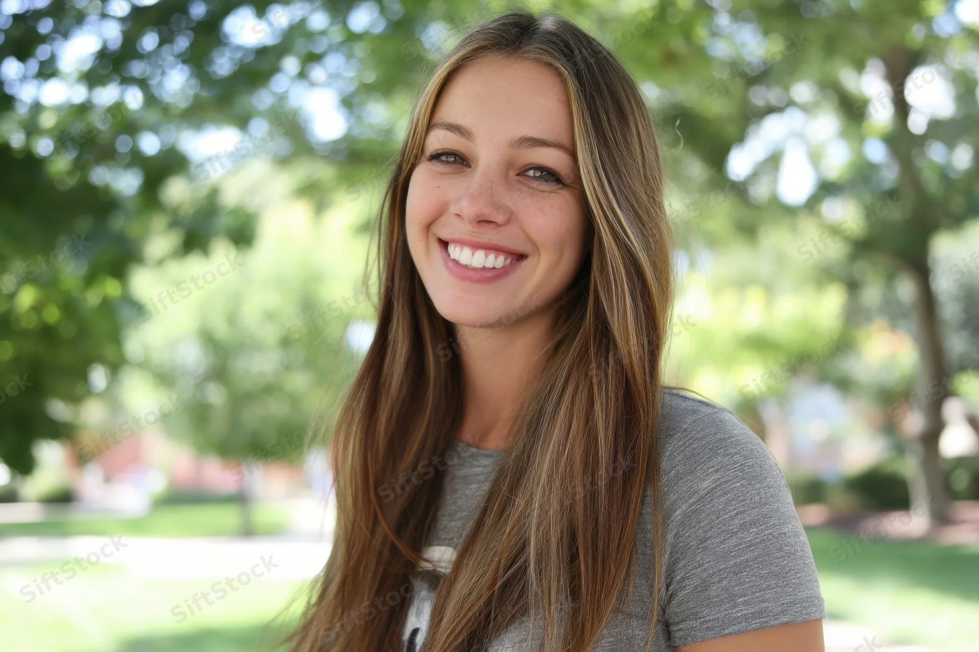 Smiling woman with long brown hair wearing gray t-shirt outdoors in a park