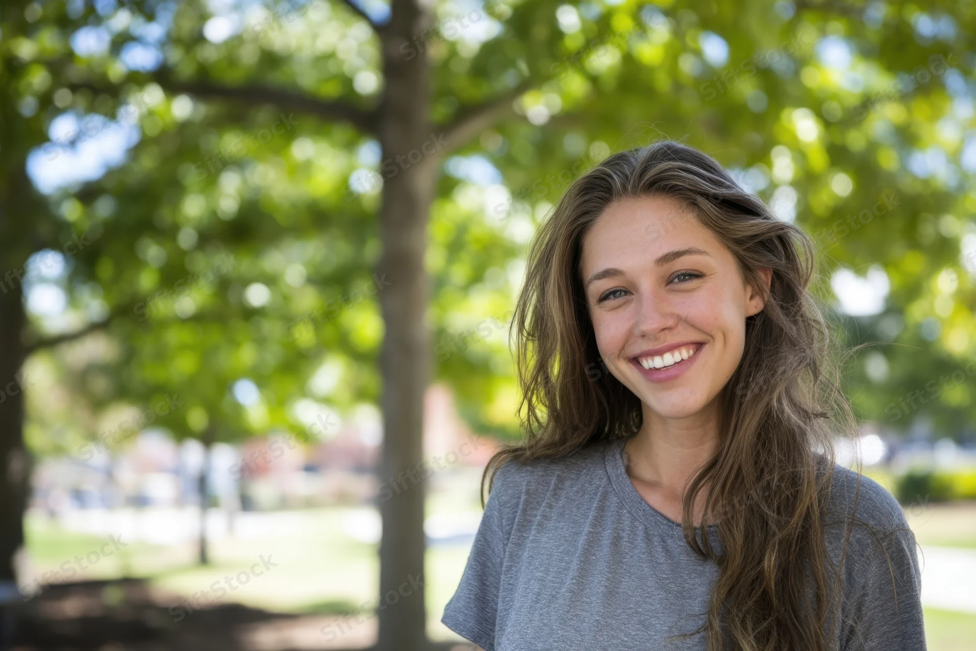 Smiling woman in gray t-shirt standing outdoors near a tree in a park