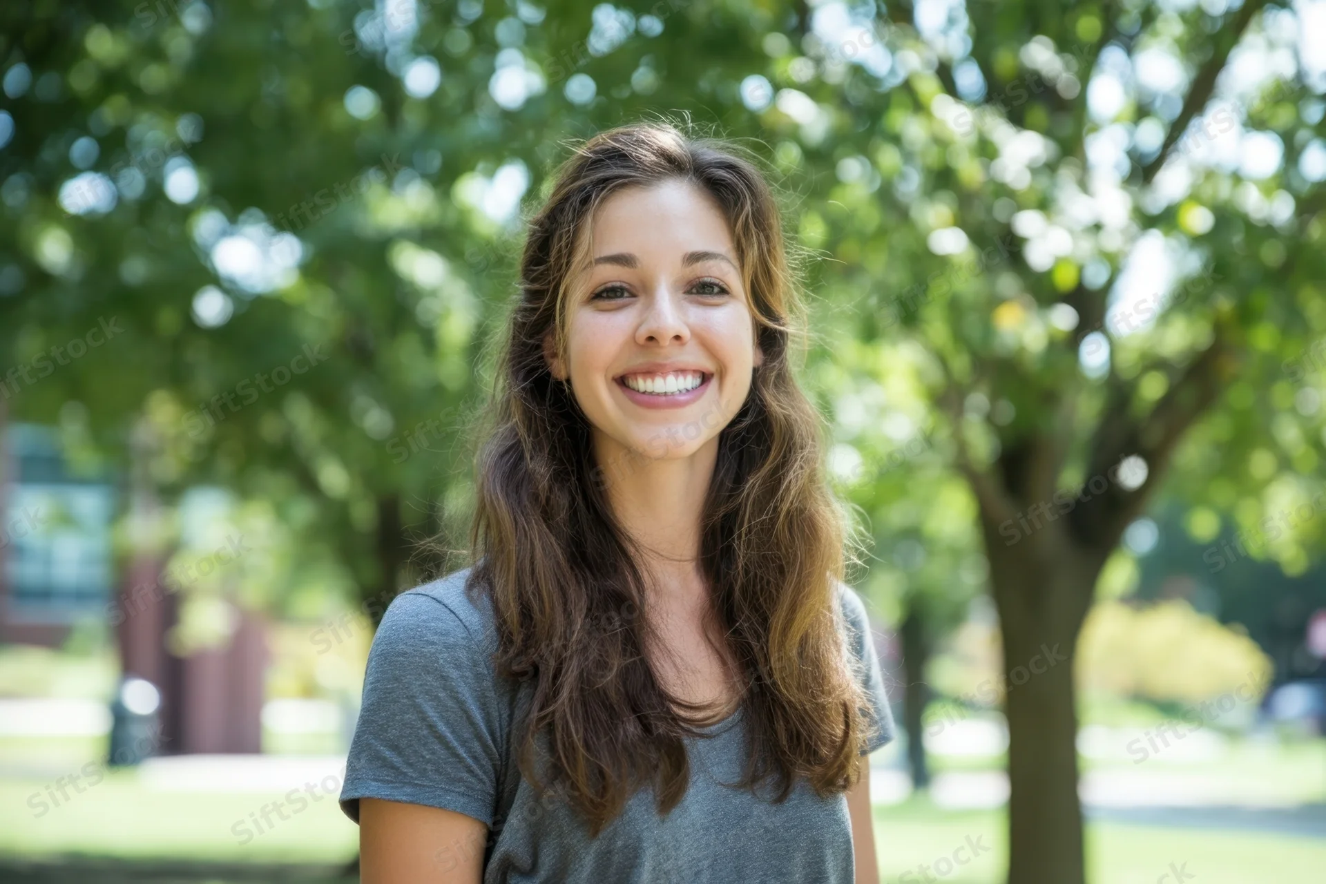 Smiling woman with long brown hair wearing gray t-shirt outdoors in a park setting