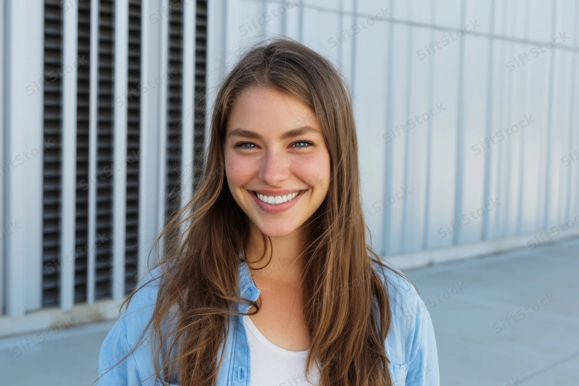 Smiling woman with long brown hair wearing light blue denim shirt outdoors on sidewalk near metal building