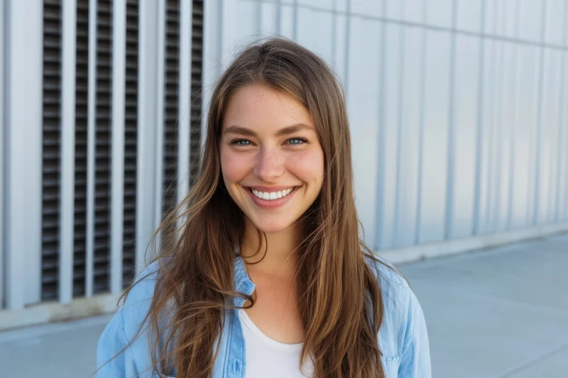 Smiling woman with long brown hair wearing light blue denim shirt outdoors on sidewalk near metal building