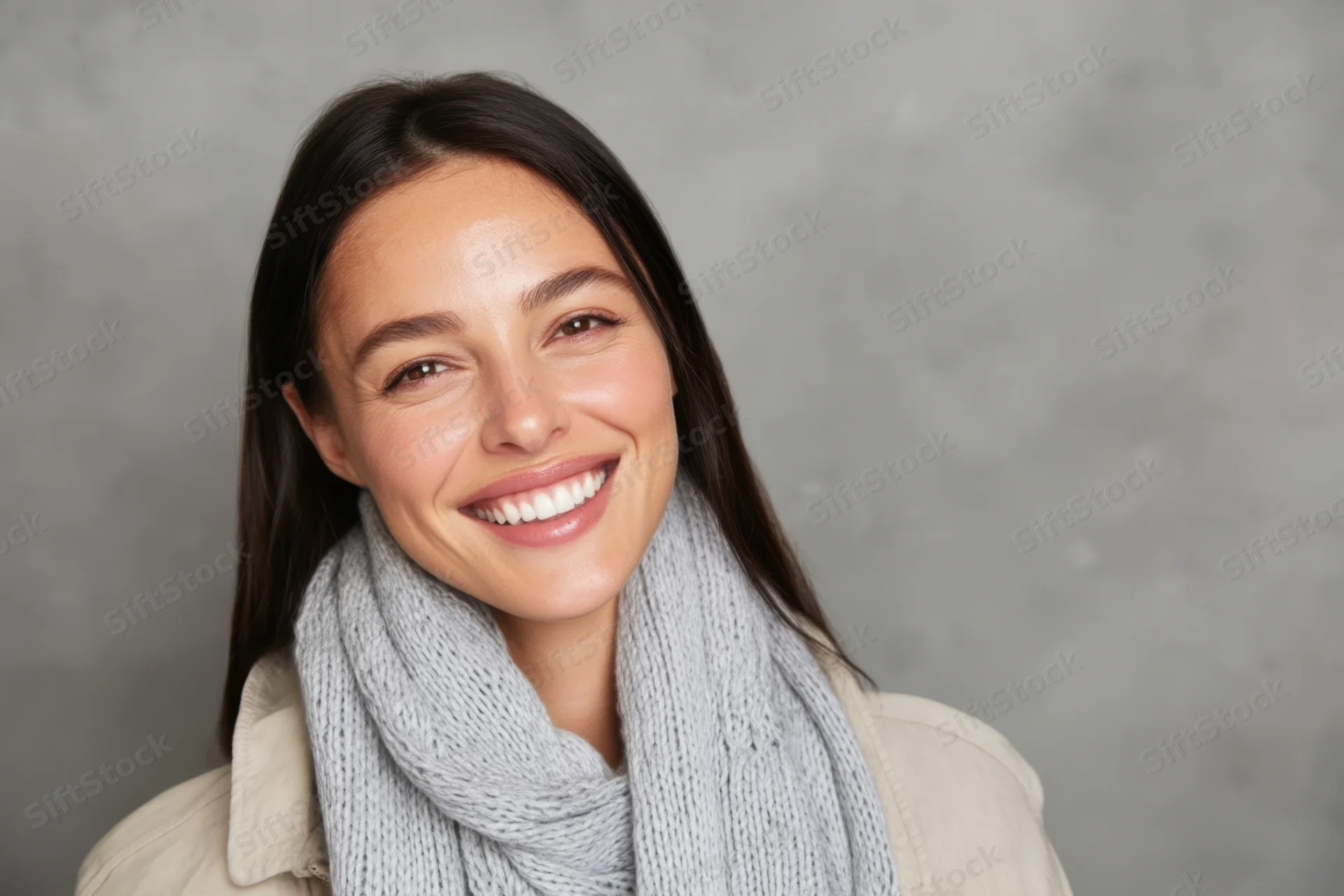 Smiling woman with long dark hair wearing light gray knit scarf and beige coat in studio setting