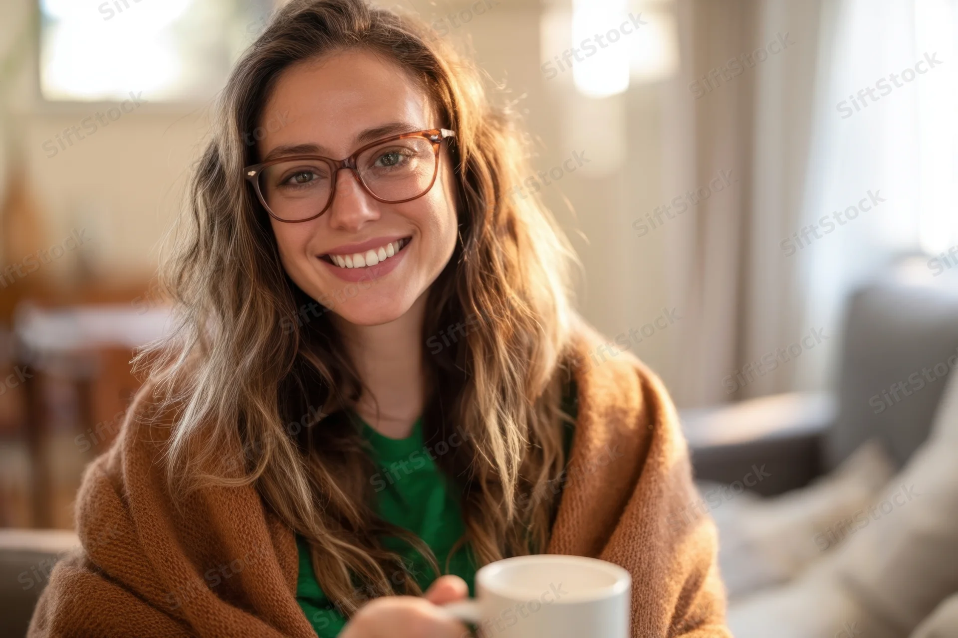 Smiling woman with long wavy hair and brown-framed glasses wrapped in a blanket holding a mug indoors