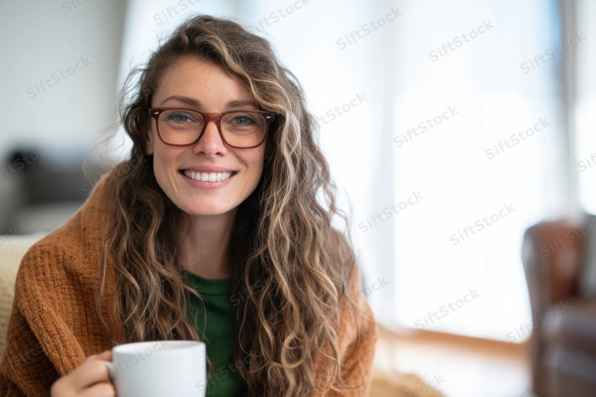 Woman smiling while holding a white mug wrapped in a brown blanket in a living room