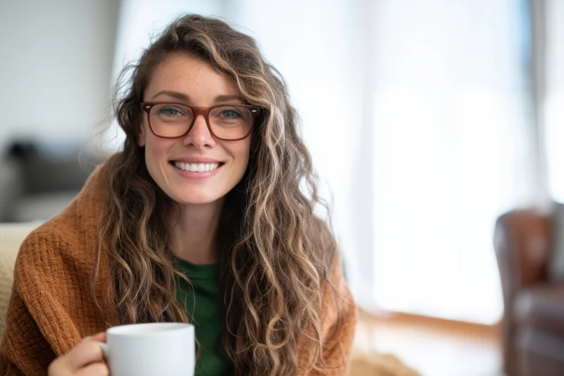 Woman smiling while holding a white mug wrapped in a brown blanket in a living room