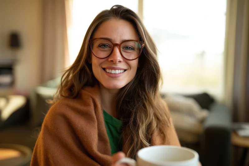 Smiling woman with long wavy hair and brown-framed glasses holding a coffee mug indoors
