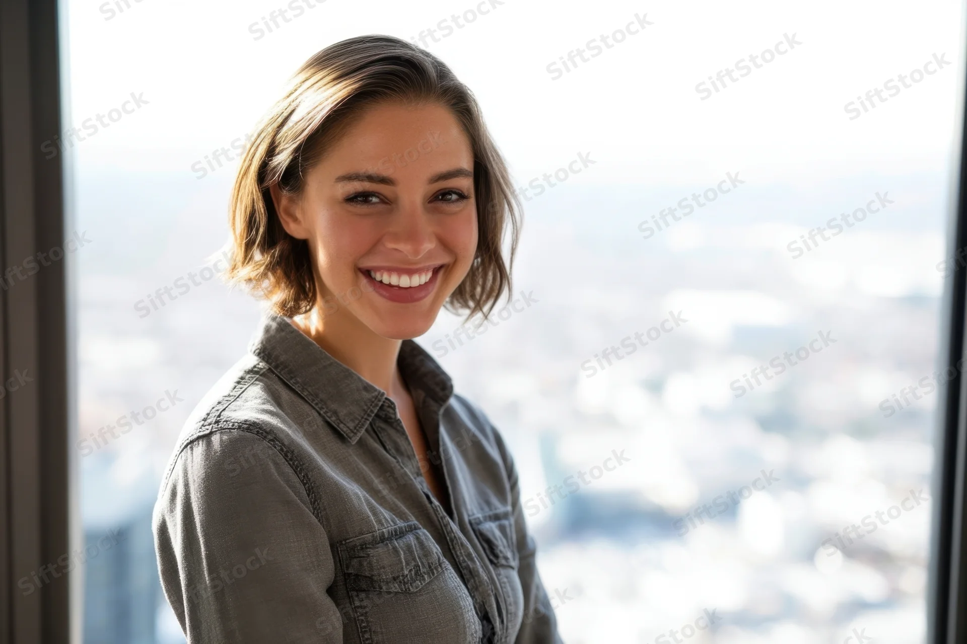 Smiling woman in casual shirt standing by window with city view