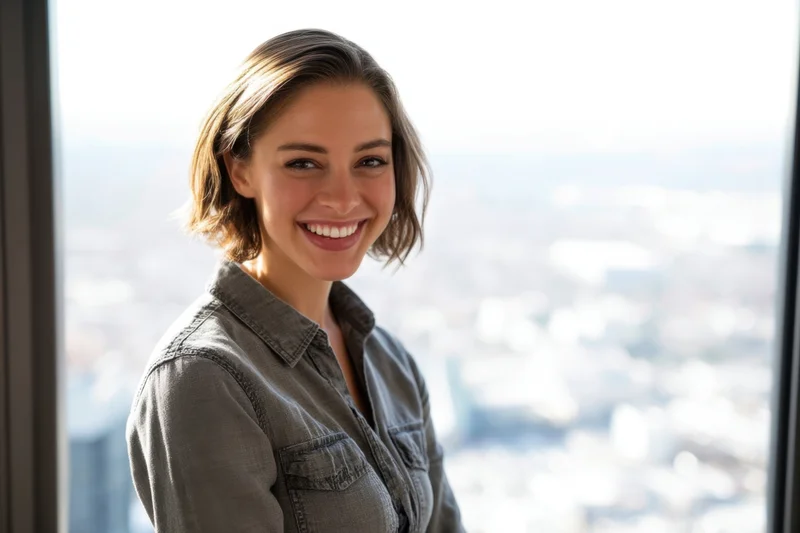 Smiling woman in casual shirt standing by window with city view
