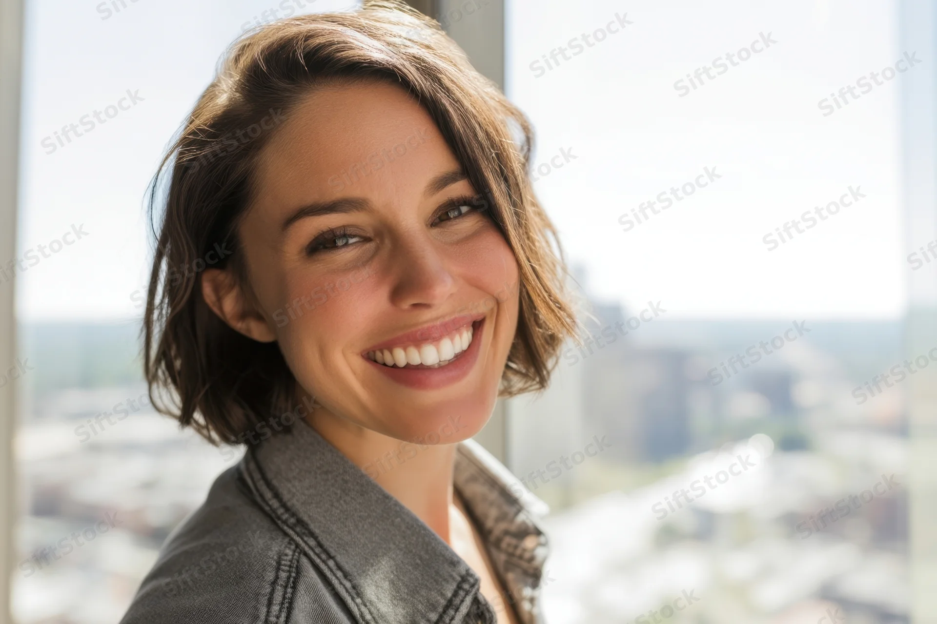 Smiling woman with short brown hair standing by sunlit window overlooking city