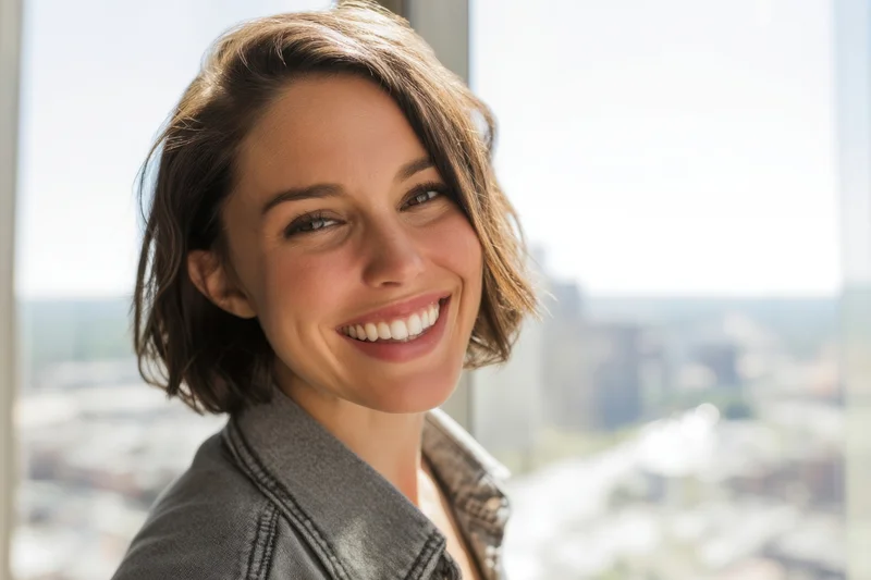 Smiling woman with short brown hair standing by sunlit window overlooking city