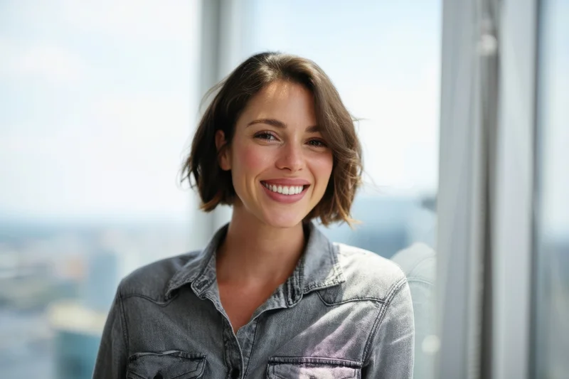 Smiling woman in denim jacket standing by sunlit window in modern office