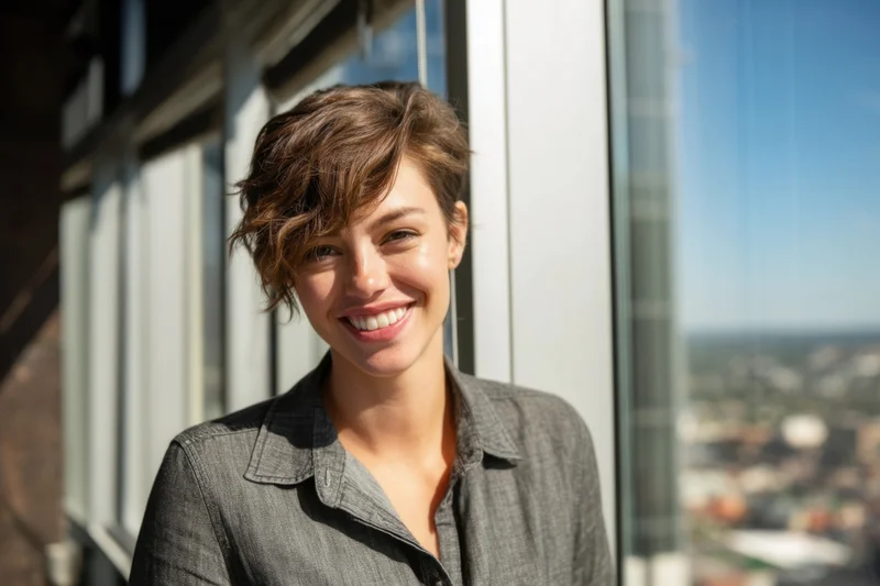 Smiling woman with short brown hair standing by sunlit window overlooking city