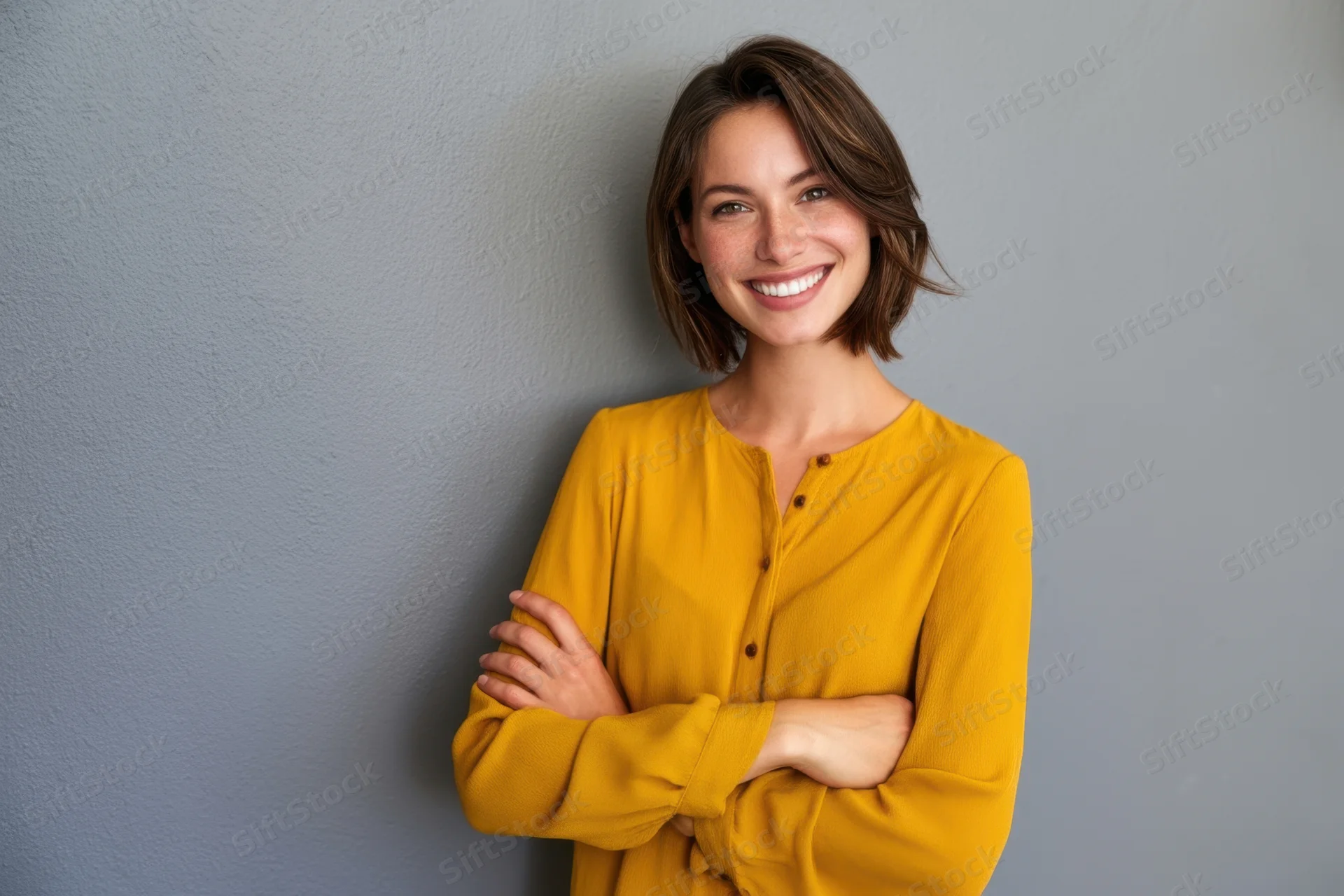 Smiling woman with arms crossed wearing yellow blouse against grey wall