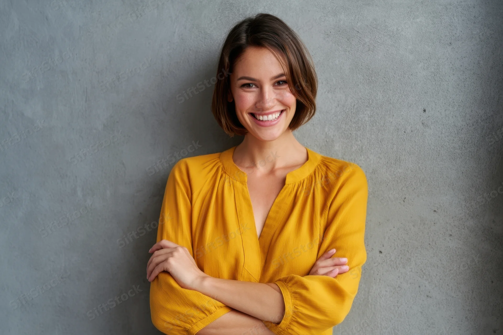Smiling woman with arms crossed wearing yellow blouse against concrete wall