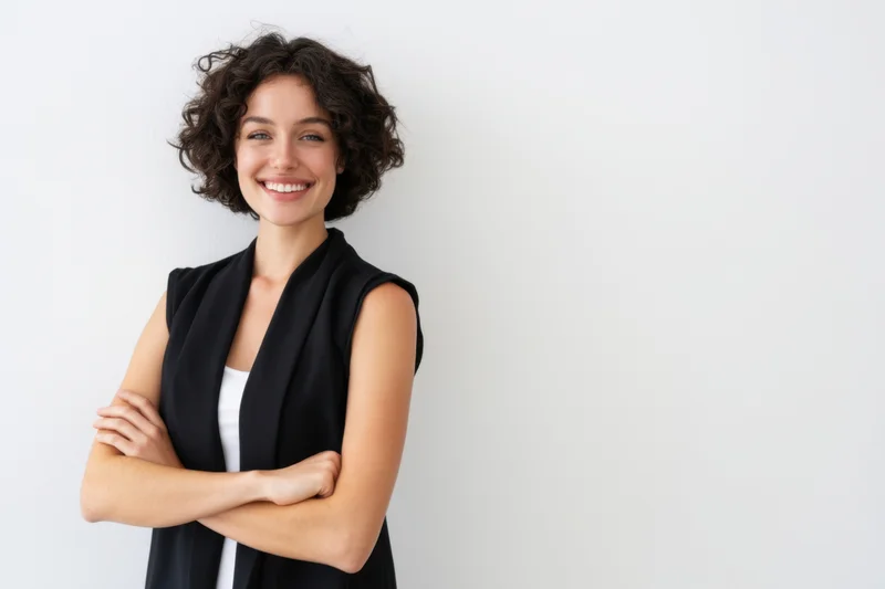 Smiling woman with short curly dark hair standing with arms crossed against white background
