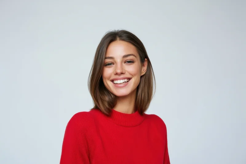 Smiling woman in red sweater posing against white background