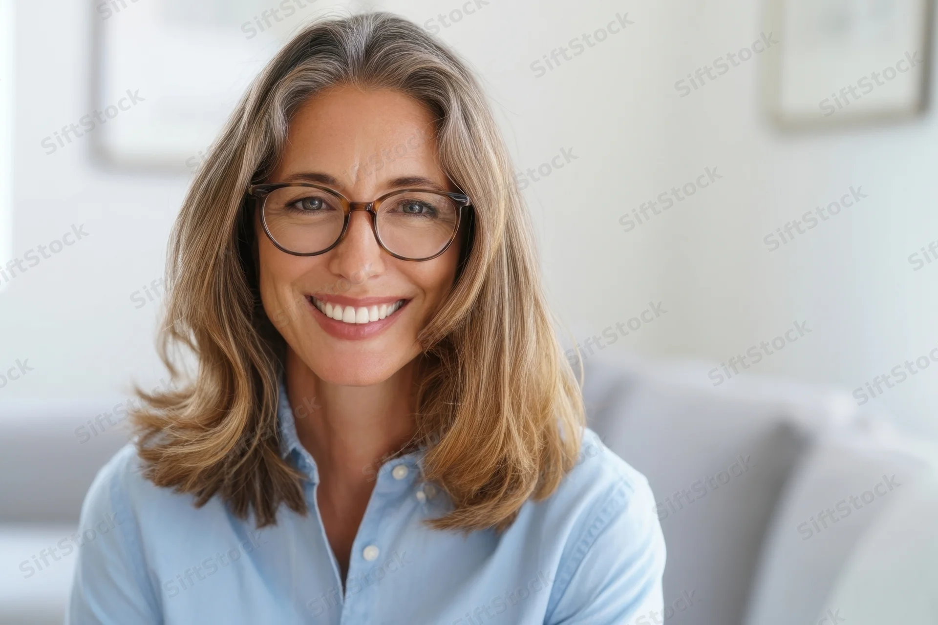 Smiling woman with shoulder-length light brown hair and glasses sitting on a couch indoors