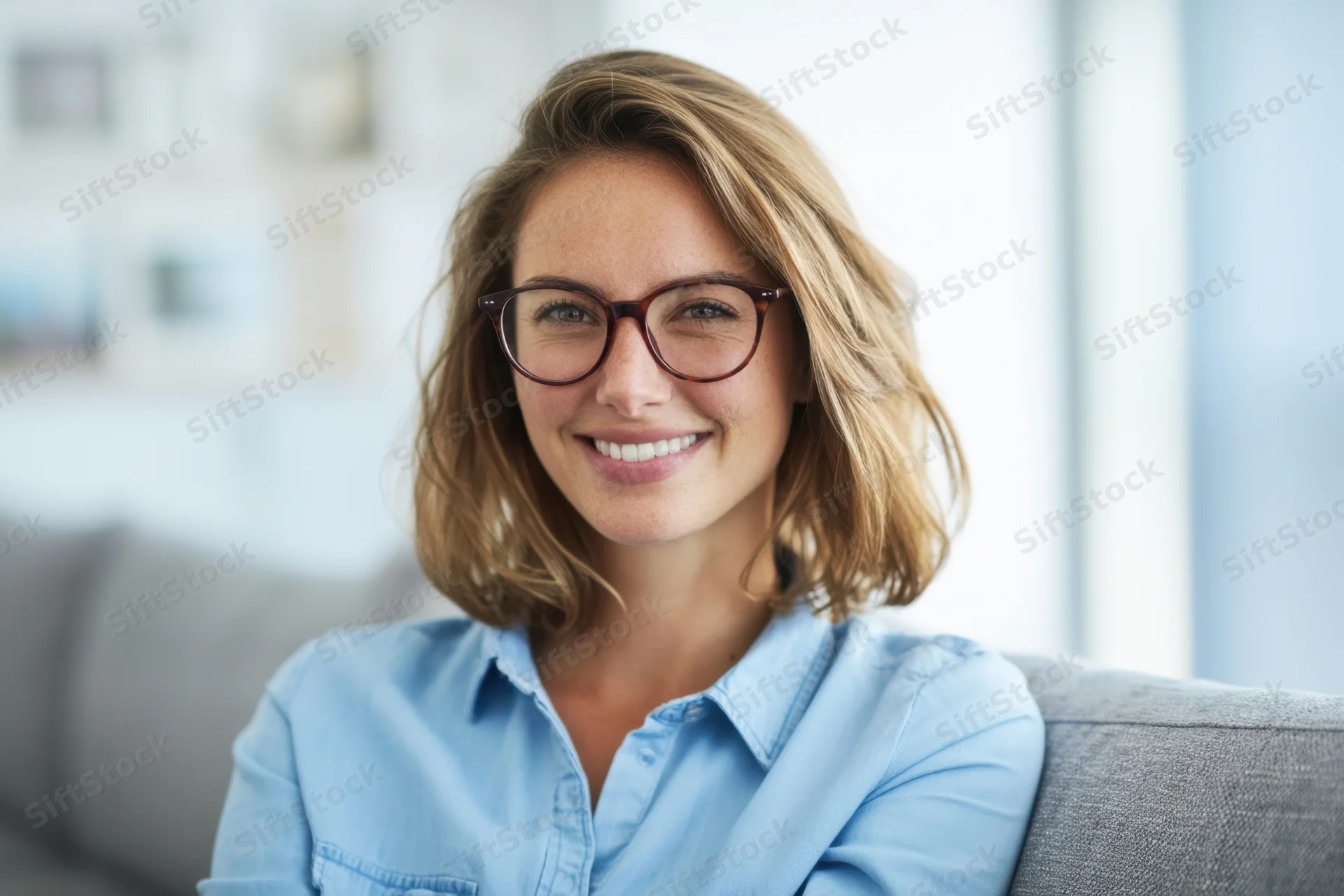 Smiling woman with glasses sitting on a sofa in a bright living room