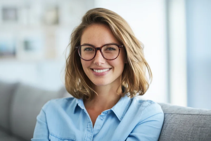 Smiling woman with glasses sitting on a sofa in a bright living room