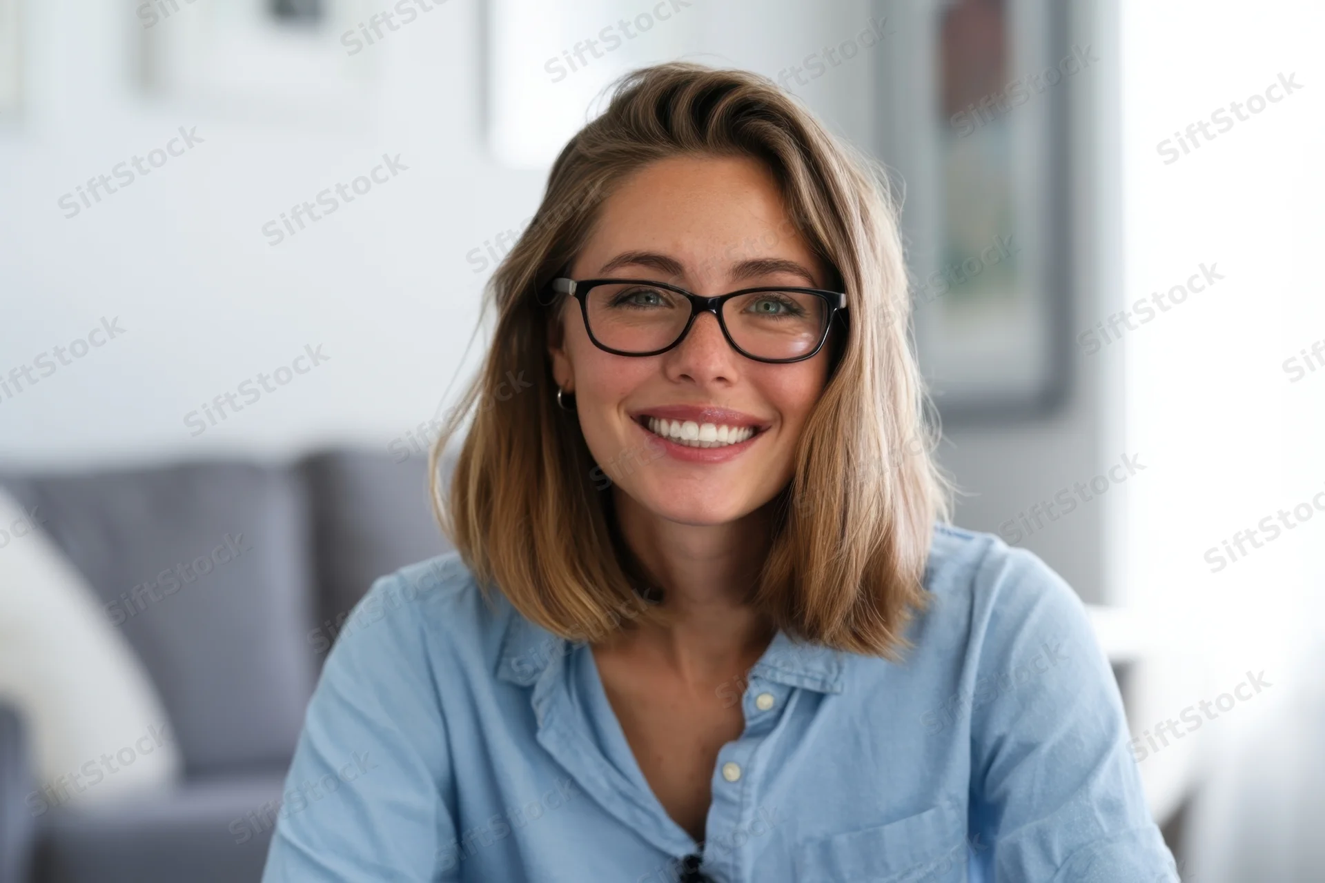 Smiling woman with shoulder-length light brown hair and glasses wearing a blue denim shirt indoors near a gray couch