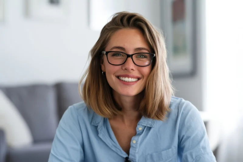 Smiling woman with shoulder-length light brown hair and glasses wearing a blue denim shirt indoors near a gray couch