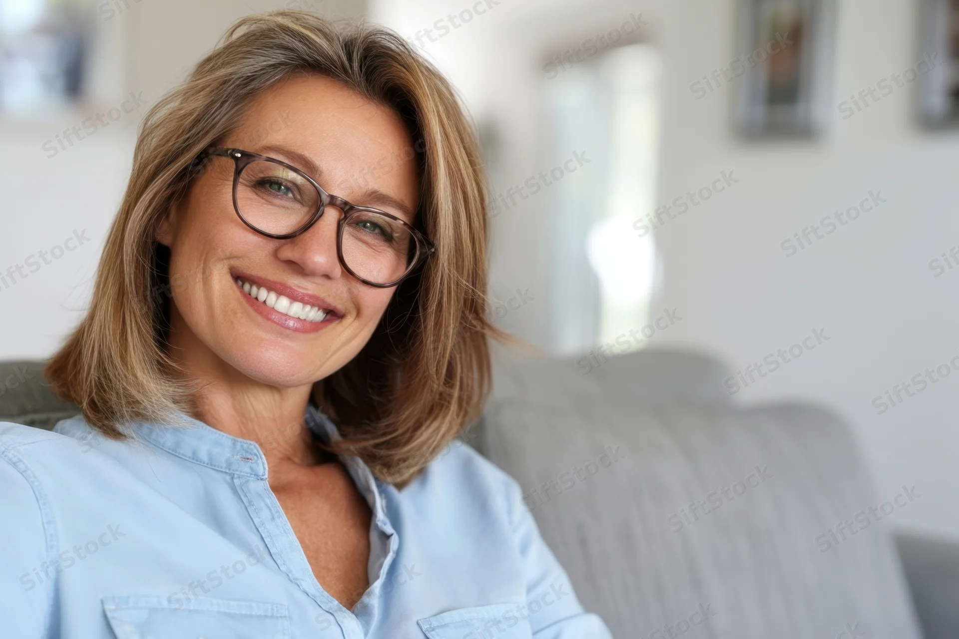 Smiling woman with shoulder-length light brown hair and glasses sitting on a couch indoors