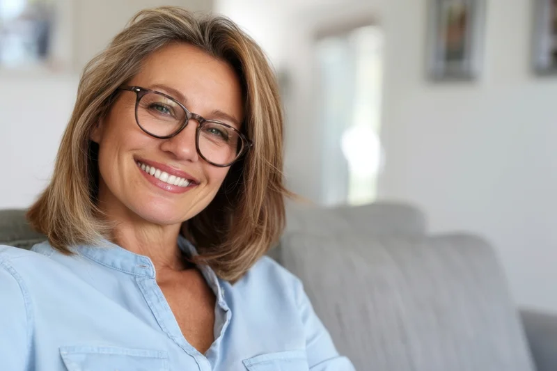 Smiling woman with shoulder-length light brown hair and glasses sitting on a couch indoors