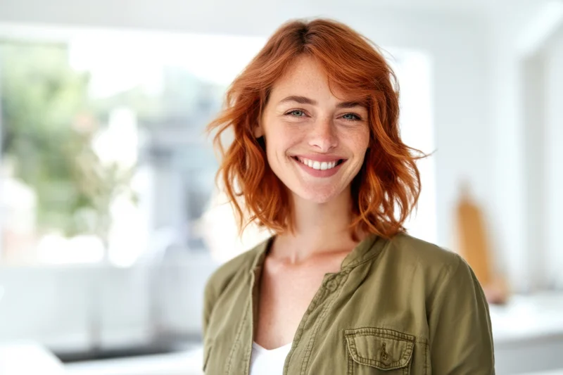 Smiling woman with shoulder-length wavy red hair wearing an olive green shirt indoors